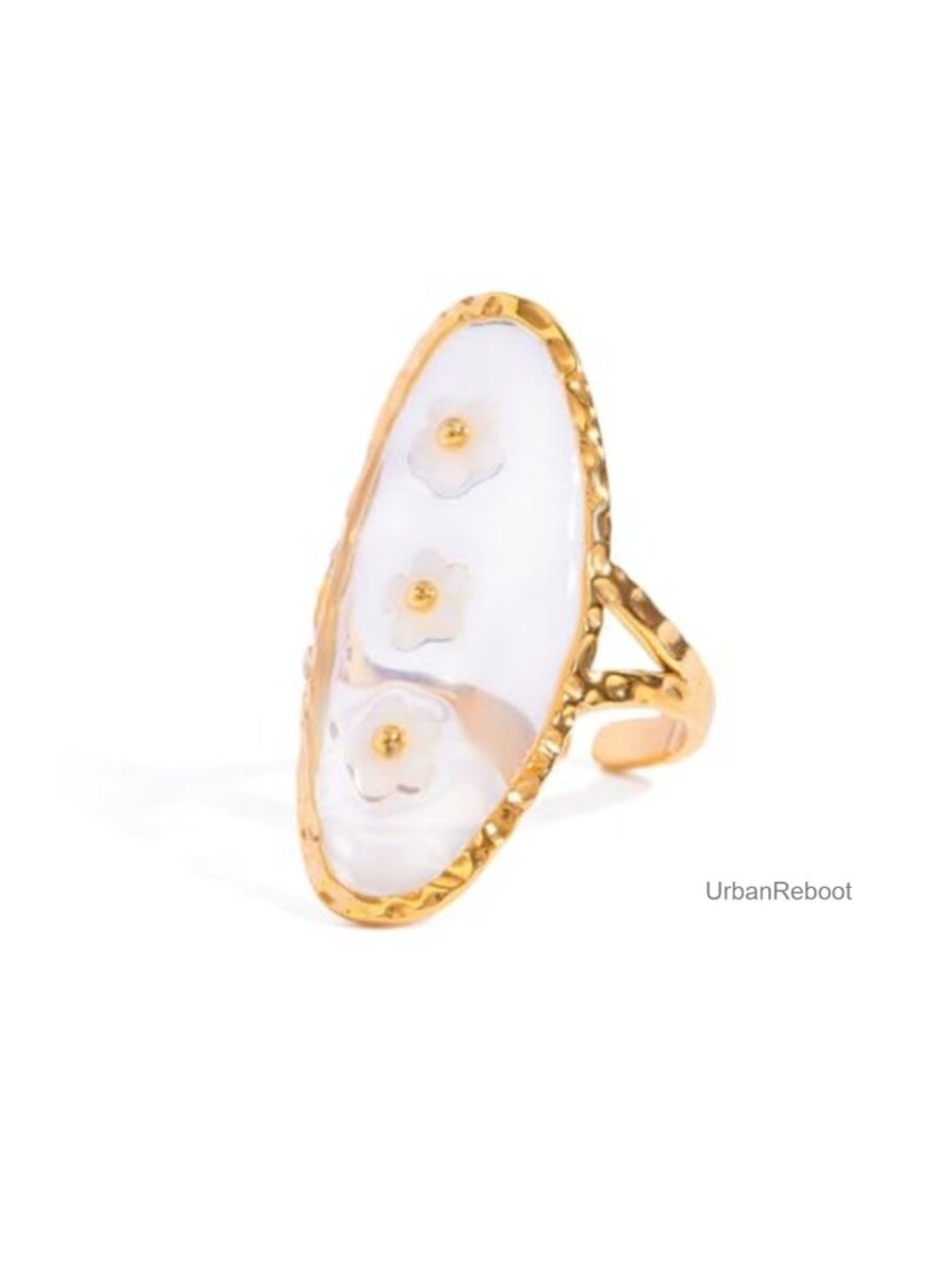 Gold-Toned Titanium Steel Adjustable Oval White Flower Statement Ring for Women